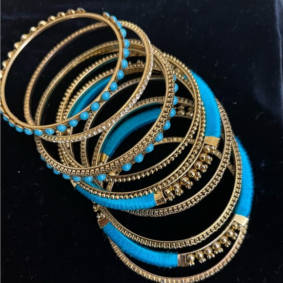 🔥LAST CHANCE🔥 Costume. 11 turquoise, rhinestone, & dark gold colored 9” bangles. - Picture 1 of 5